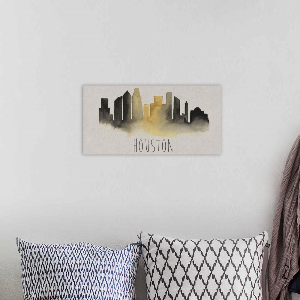 A bohemian room featuring Houston city skyline watercolor artwork.