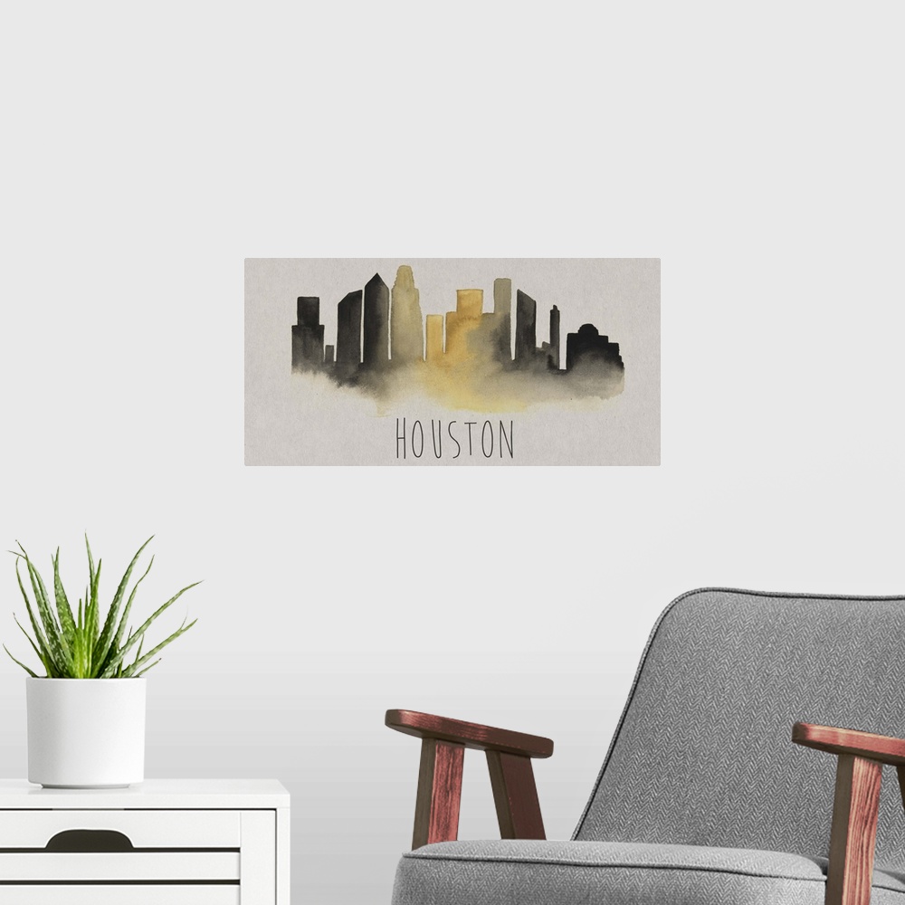 A modern room featuring Houston city skyline watercolor artwork.