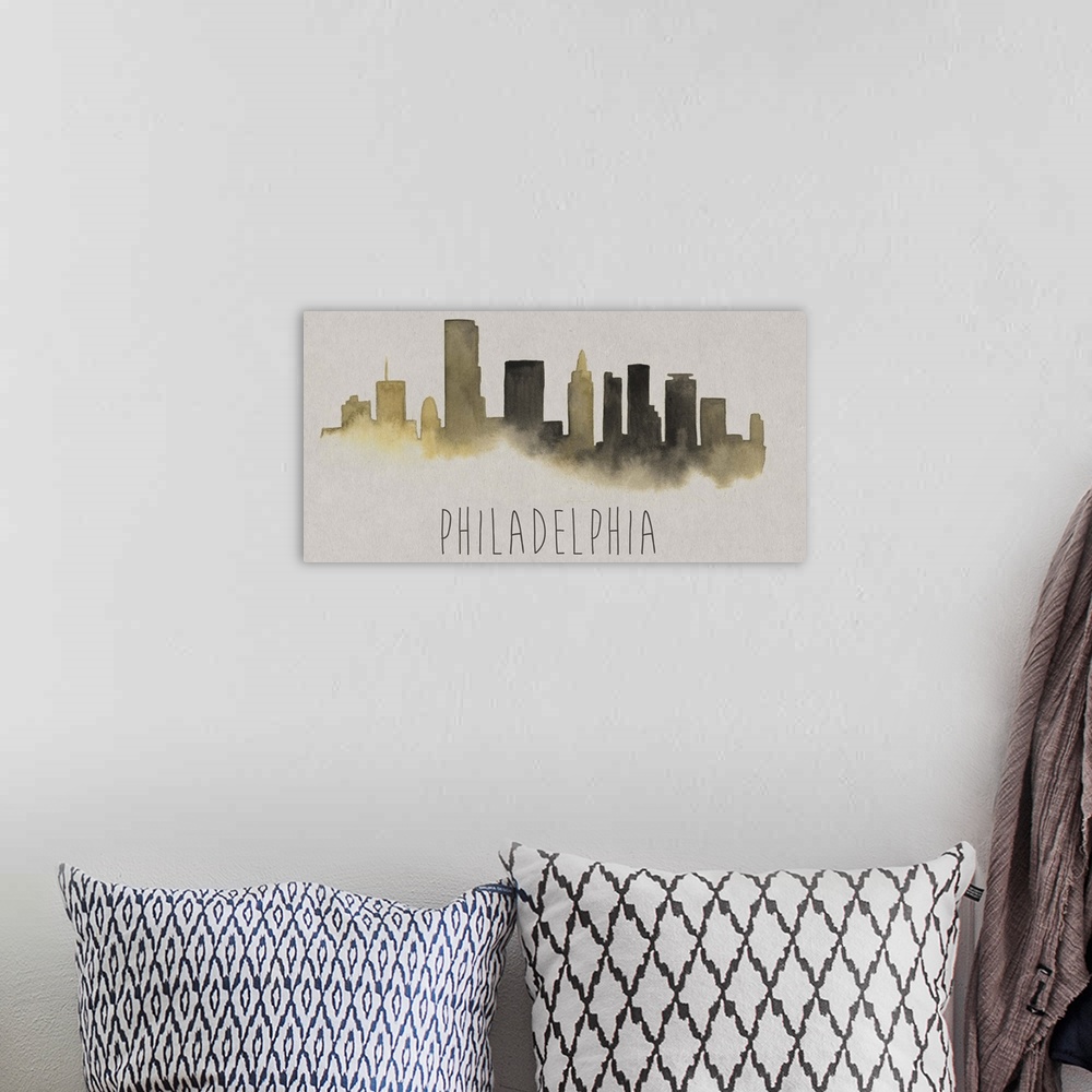 A bohemian room featuring Philadelphia city skyline watercolor artwork.