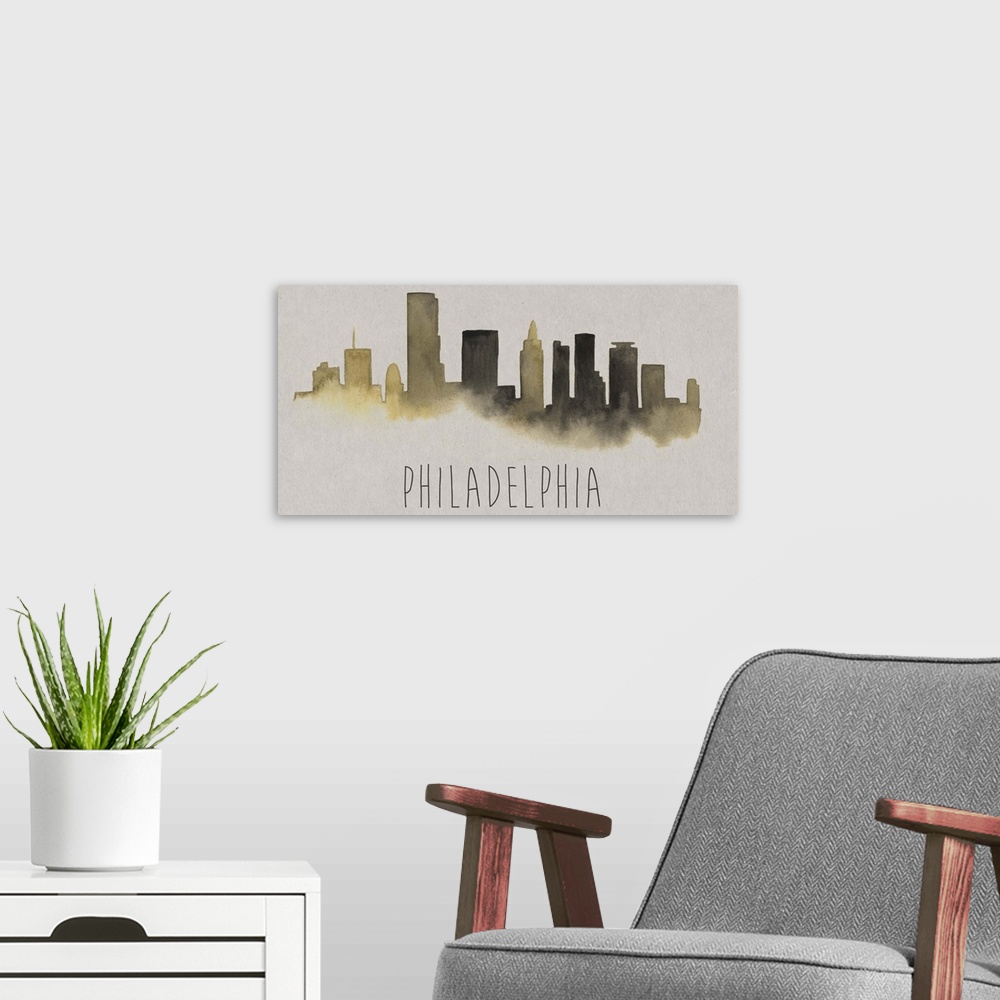 A modern room featuring Philadelphia city skyline watercolor artwork.