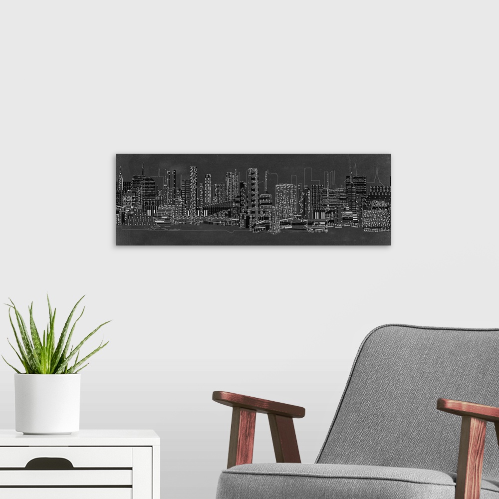 A modern room featuring Horizontal artwork of a skyline made of sheet music.