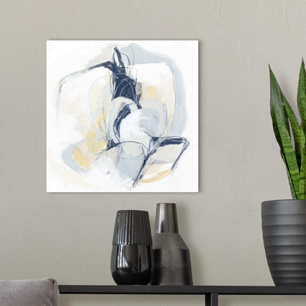 A modern room featuring Square abstract painting in yellow, gray and white in overlapping circular shapes with fine scrib...