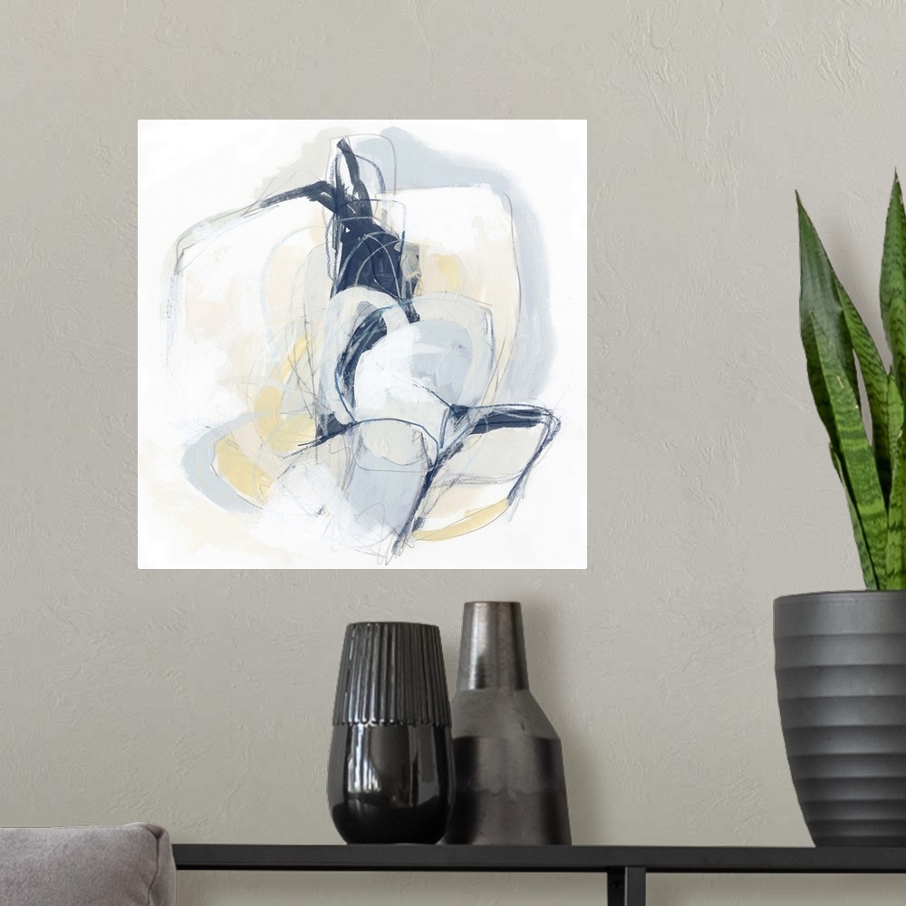 A modern room featuring Square abstract painting in yellow, gray and white in overlapping circular shapes with fine scrib...
