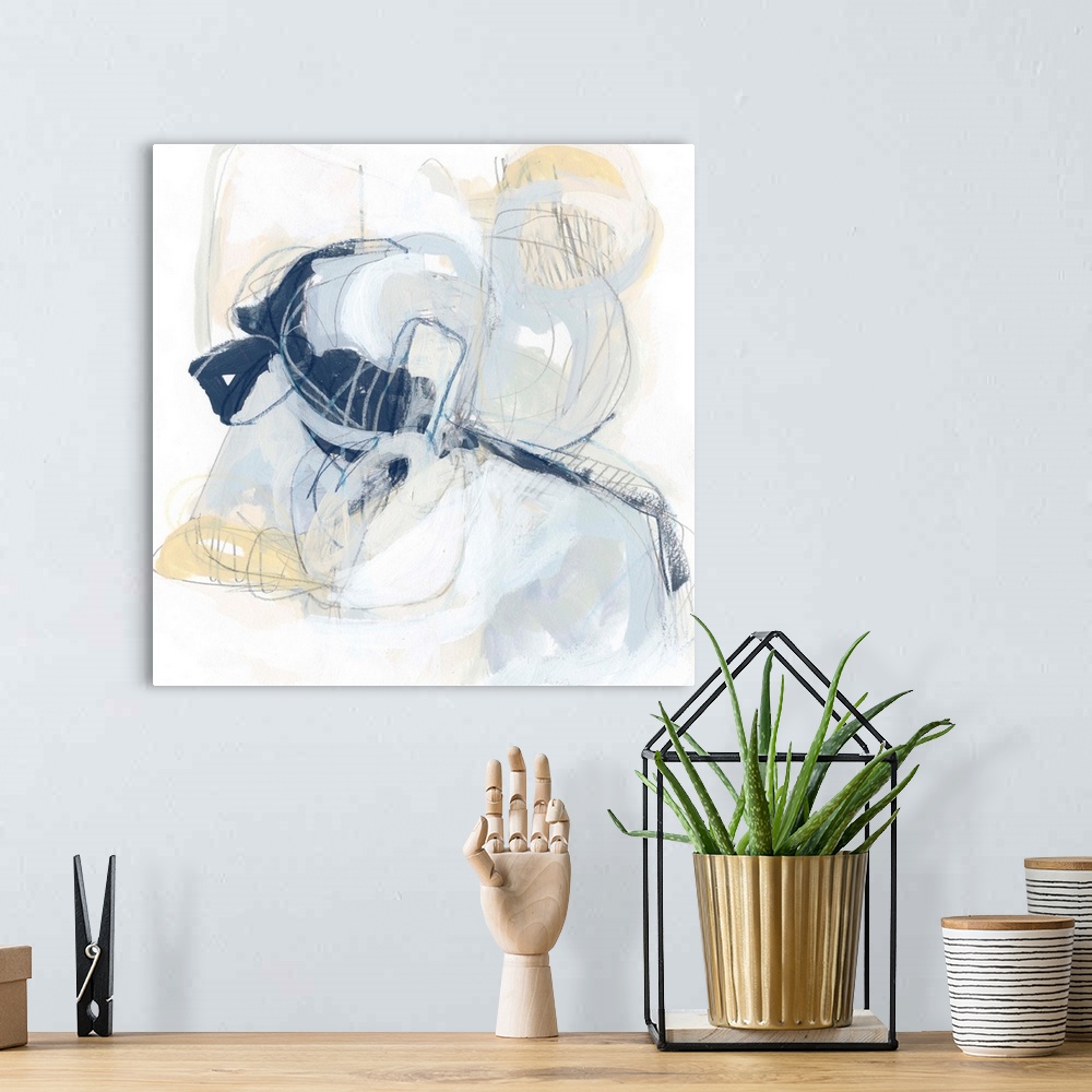 A bohemian room featuring Square abstract painting in yellow, gray and white in overlapping circular shapes with fine scrib...