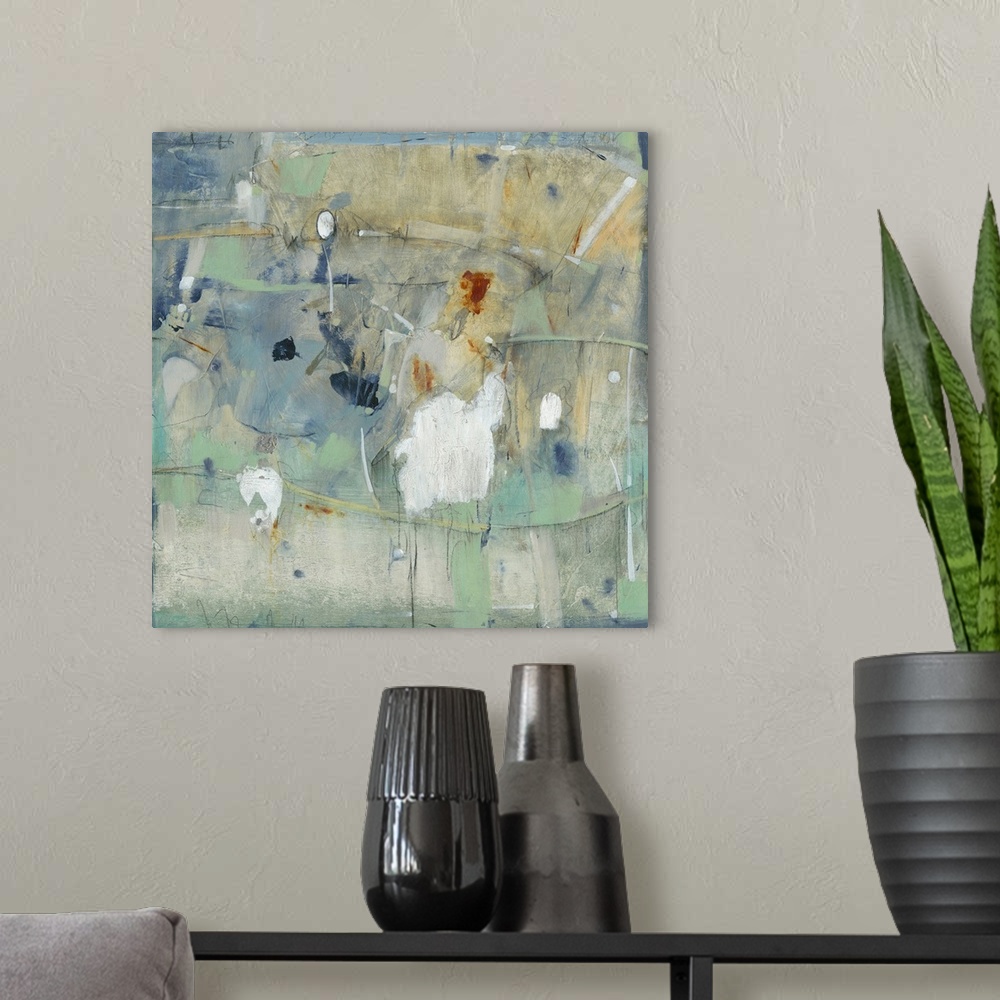 A modern room featuring Square abstract painting in muted earth tones of green, blue, orange and white with overlaying fi...