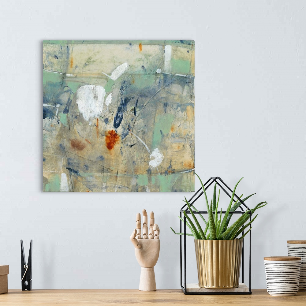 A bohemian room featuring Square abstract painting in muted earth tones of green, blue, orange and white with overlaying fi...