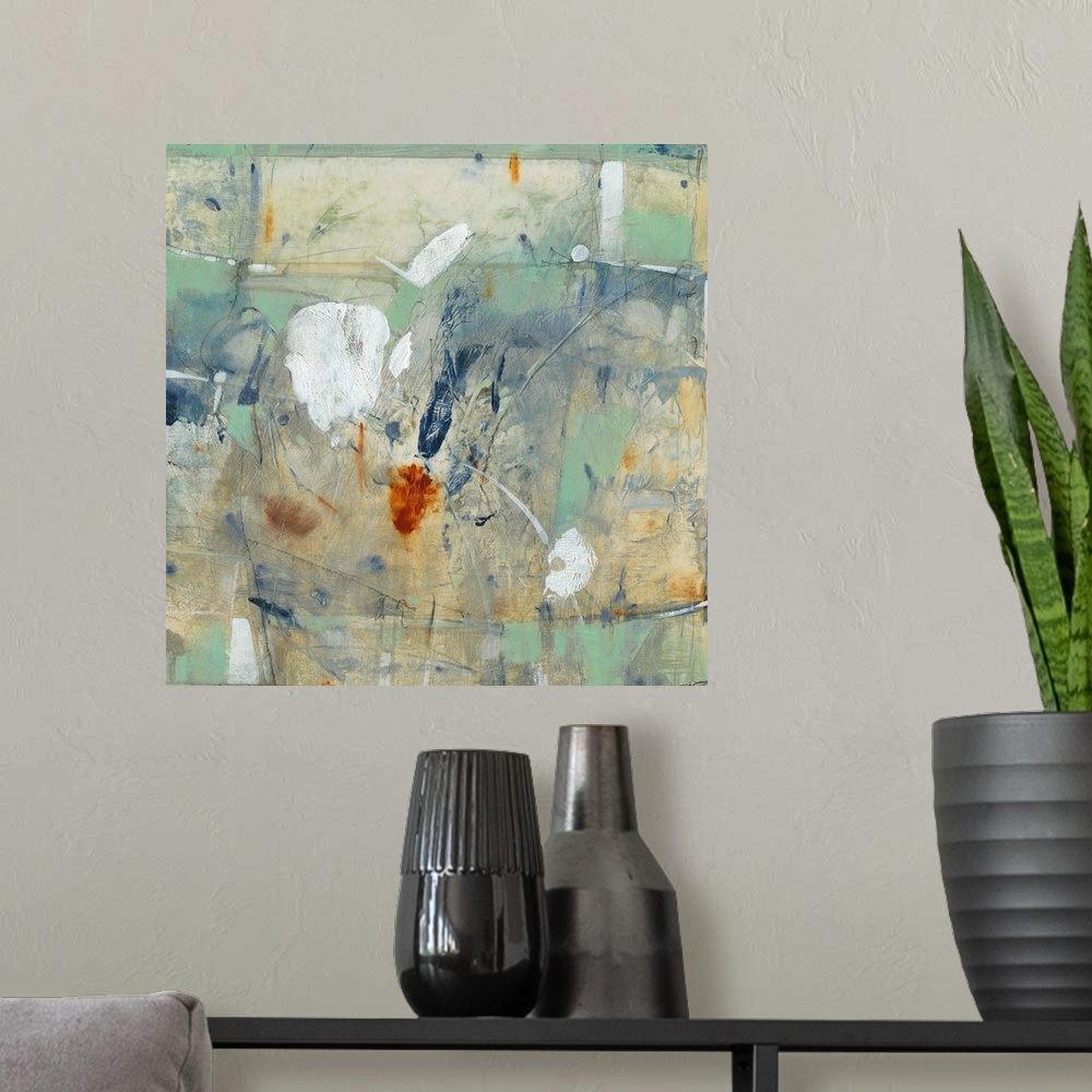 A modern room featuring Square abstract painting in muted earth tones of green, blue, orange and white with overlaying fi...