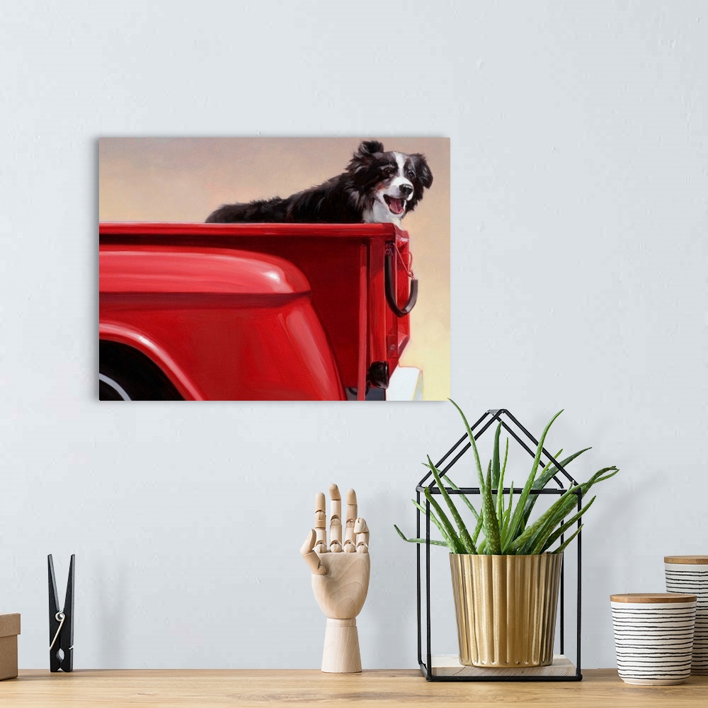 A bohemian room featuring Painting on canvas of a dog standing in the back of an old truck bed.