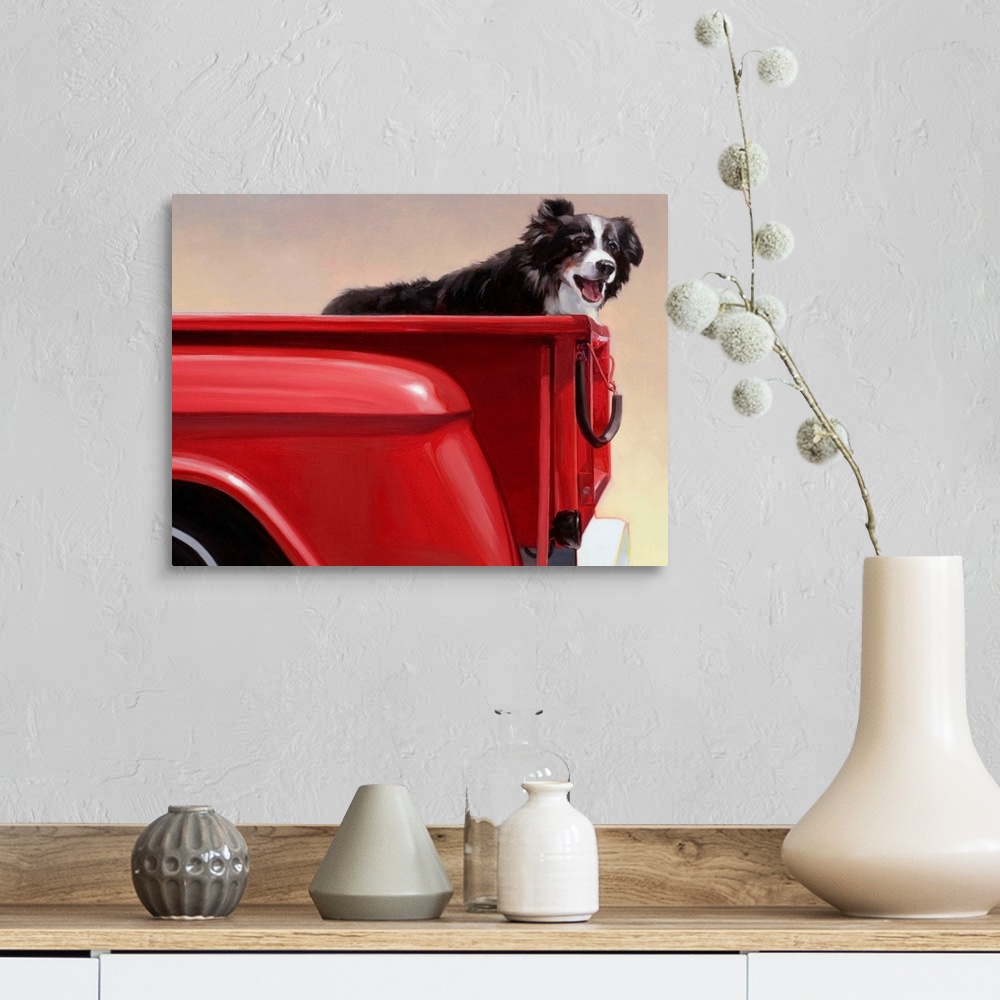A farmhouse room featuring Painting on canvas of a dog standing in the back of an old truck bed.