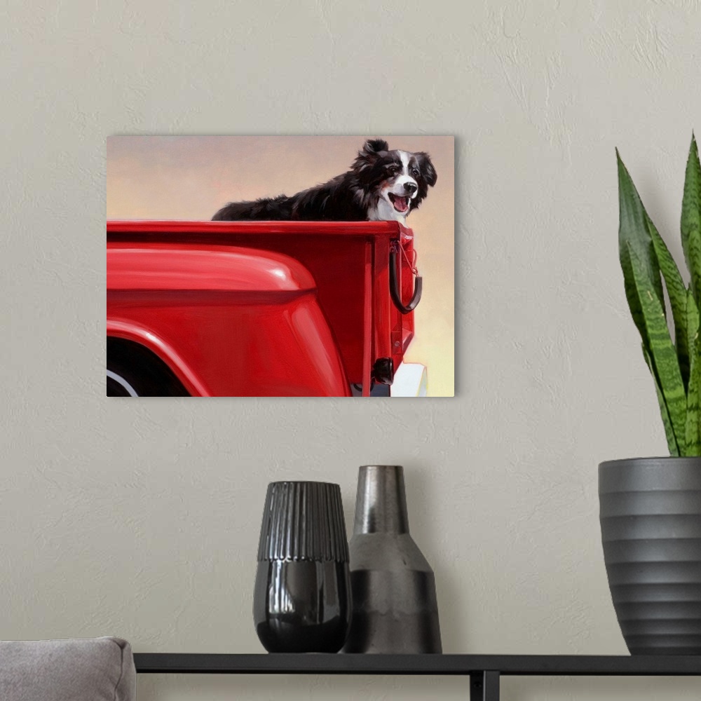 A modern room featuring Painting on canvas of a dog standing in the back of an old truck bed.