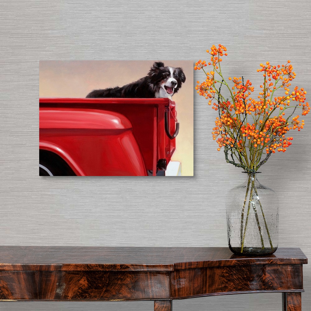 A traditional room featuring Painting on canvas of a dog standing in the back of an old truck bed.