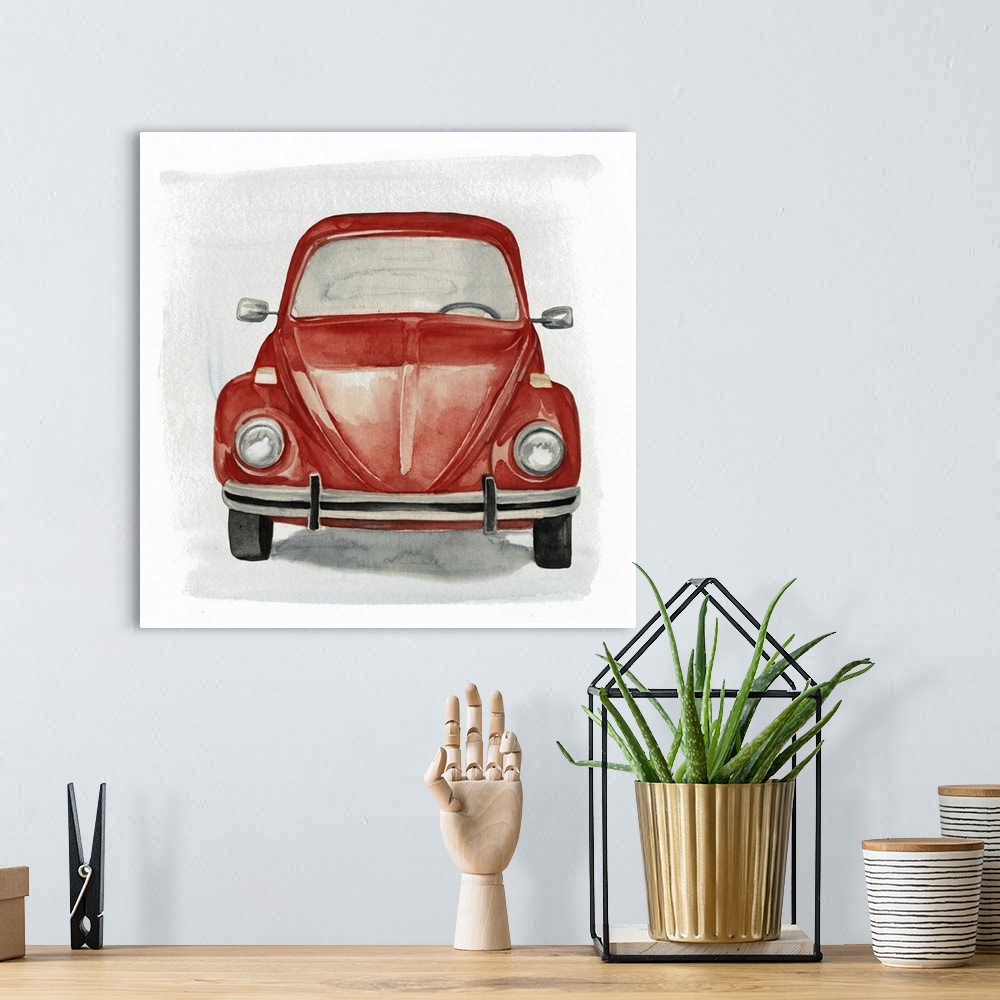 A bohemian room featuring Decorative artwork of a classic red Volkswagen Beetle on gray and white backdrop.