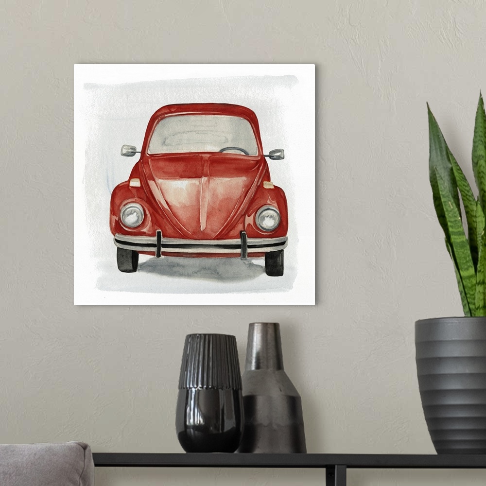 A modern room featuring Decorative artwork of a classic red Volkswagen Beetle on gray and white backdrop.