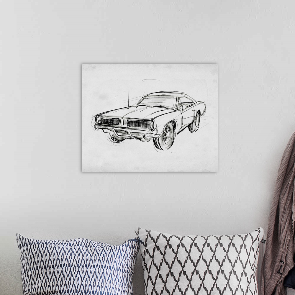 A bohemian room featuring Classic Car Sketch IV