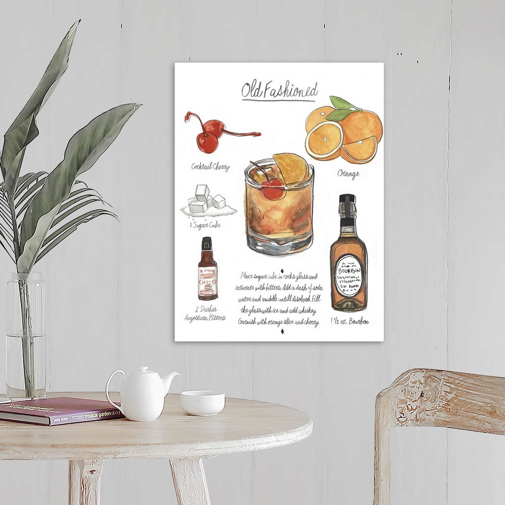 A farmhouse room featuring Contemporary artwork of a cocktail recipe showing illustrated ingredients against a white backgro...