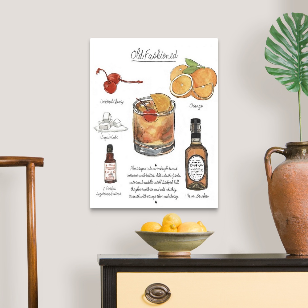 A traditional room featuring Contemporary artwork of a cocktail recipe showing illustrated ingredients against a white backgro...