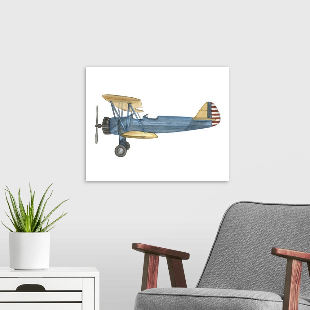 A modern room featuring Contemporary artwork of an airplane against a white background.