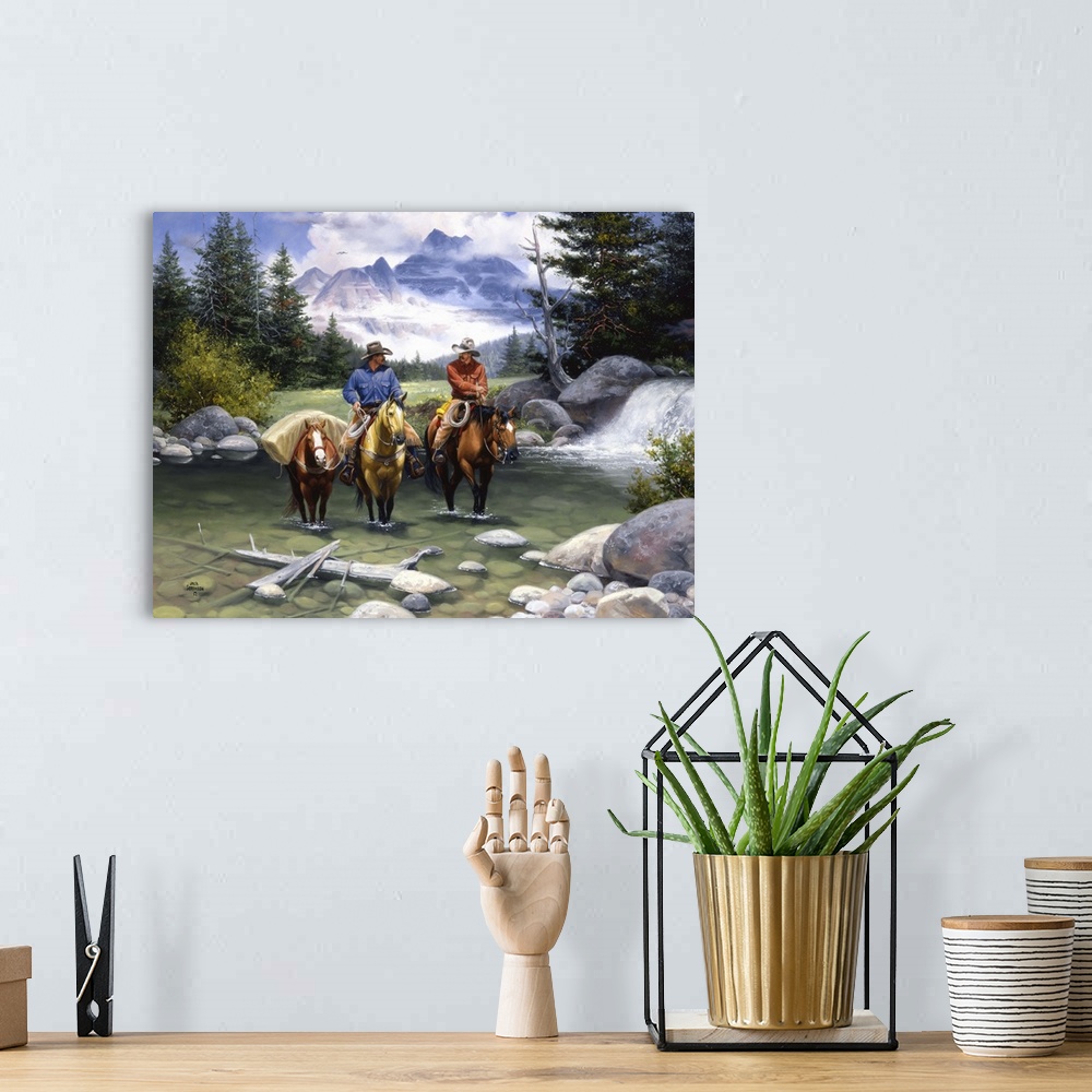 A bohemian room featuring Contemporary Western artwork of two cowboys and their horses crossing a mountain stream,