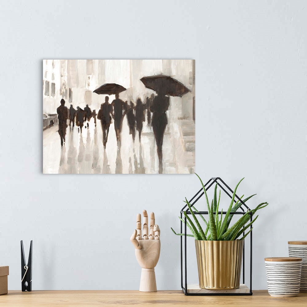 A bohemian room featuring Abstracted city scene of figures walking in the rain.