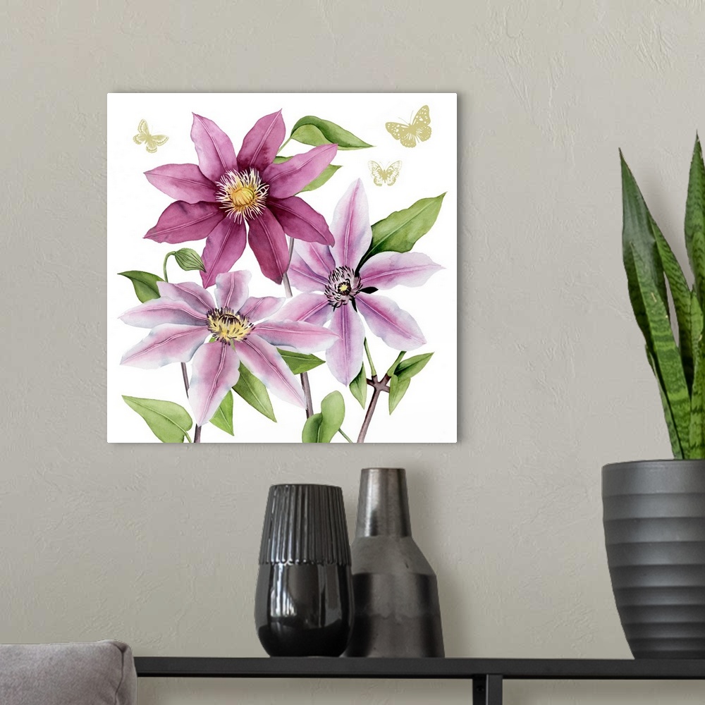 A modern room featuring Decorative painting of three purple-pink clematis flowers with gold butterflies flying above on a...