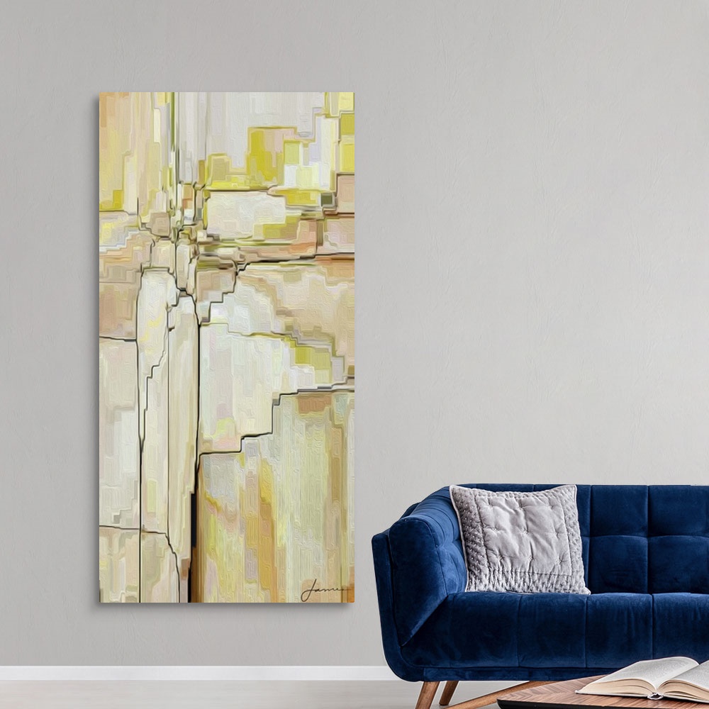 A modern room featuring Contemporary abstract artwork using earth tones and jagged lines to create what looks like cliffs.