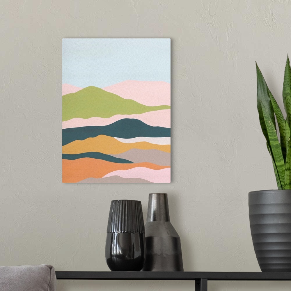 A modern room featuring Contemporary abstract interpretation of a skyscape with multi-colored clouds.
