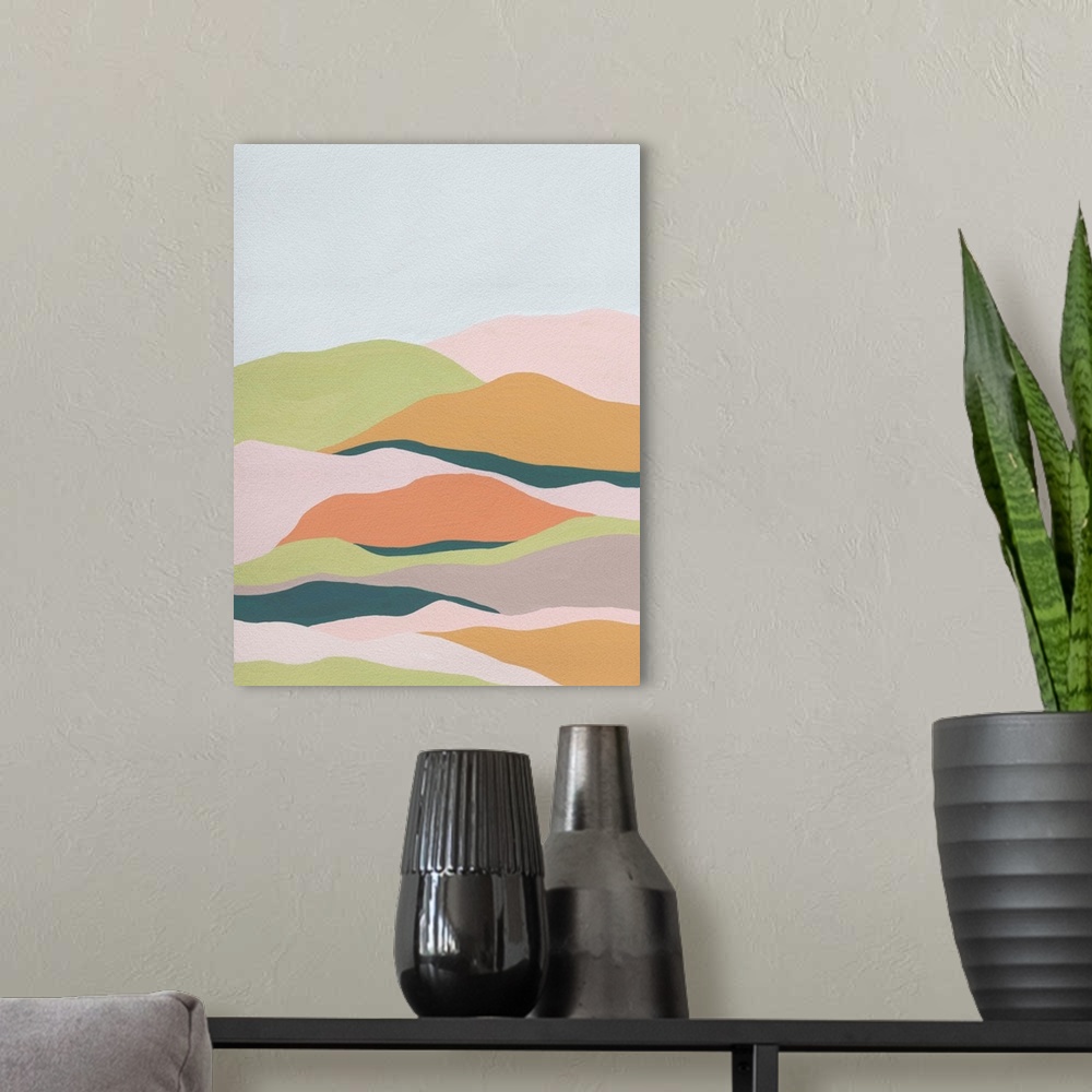 A modern room featuring Contemporary abstract interpretation of a skyscape with multi-colored clouds.