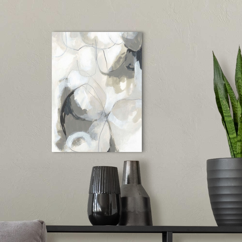 A modern room featuring Contemporary abstract painting in neutral gray and beige.