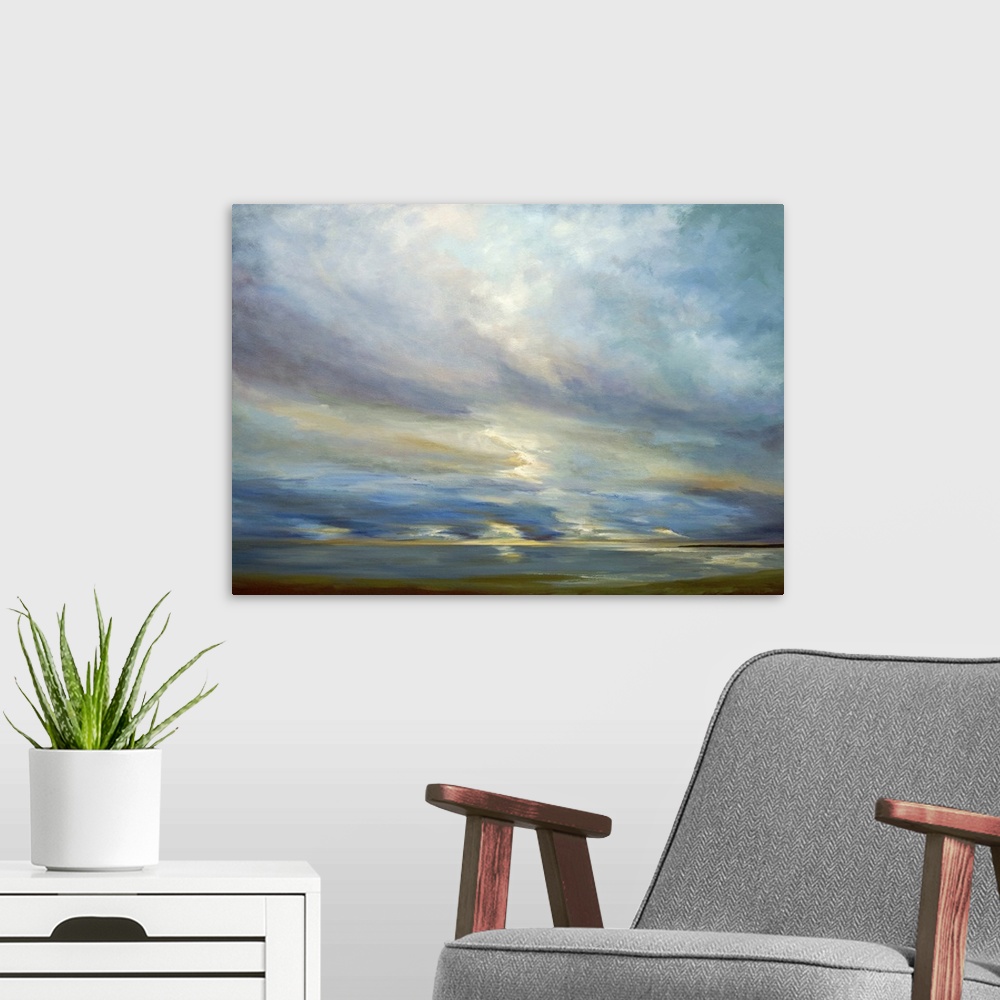 A modern room featuring Contemporary seascape painting of sunlight shining though clouds over the ocean.