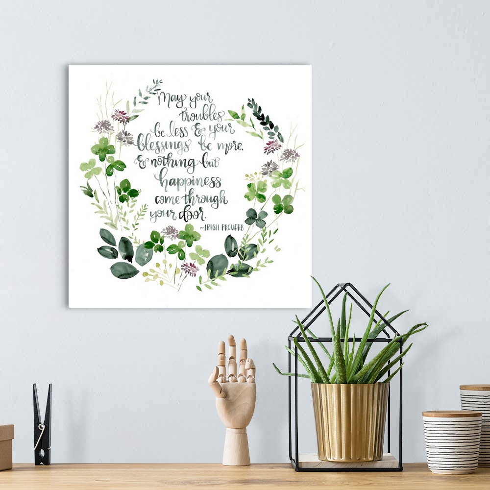 A bohemian room featuring St. Patrick's Day themed decor with inspirational Irish proverb.