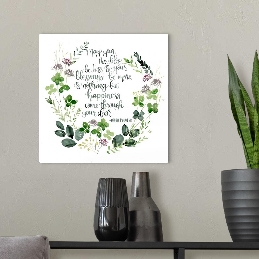 A modern room featuring St. Patrick's Day themed decor with inspirational Irish proverb.