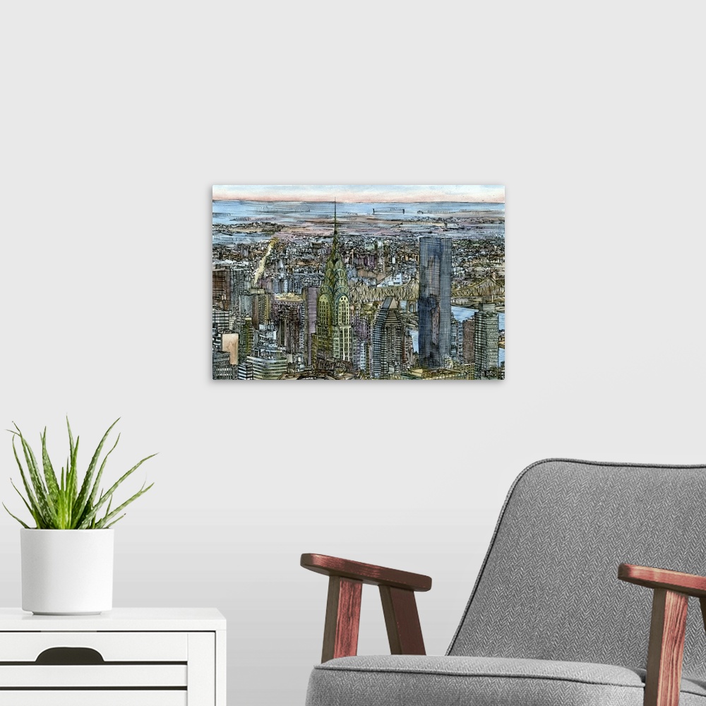 A modern room featuring Contemporary drawing with filled in color of an aerial view of part of New York City with the Chr...