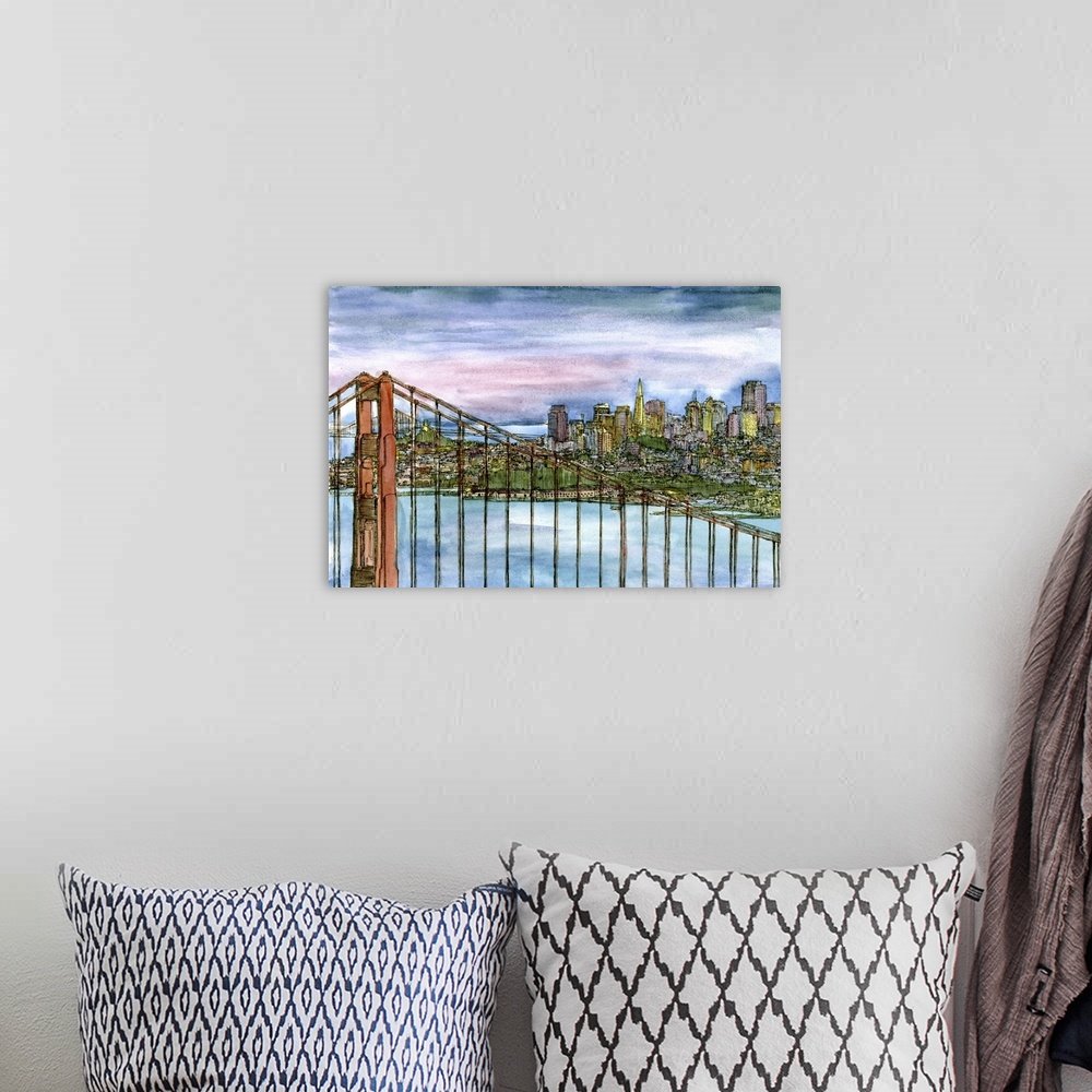 A bohemian room featuring Contemporary drawing with filled in color of part of the San Francisco skyline from the Golden Ga...