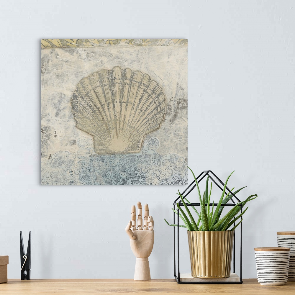 A bohemian room featuring Coastal life themed home decor art with a weathered and worn style.
