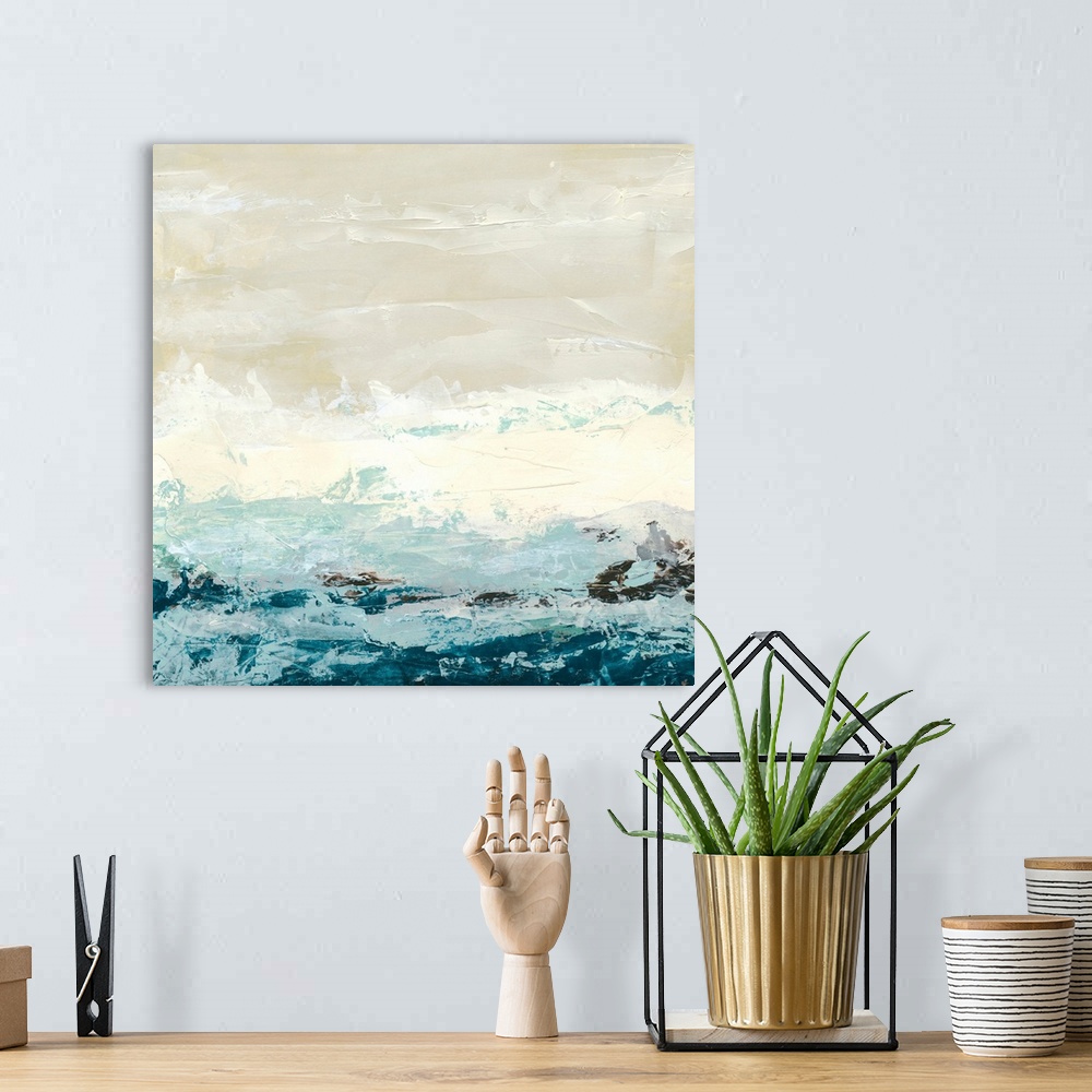 A bohemian room featuring Square abstract painting of an ocean made up of large brush strokes.