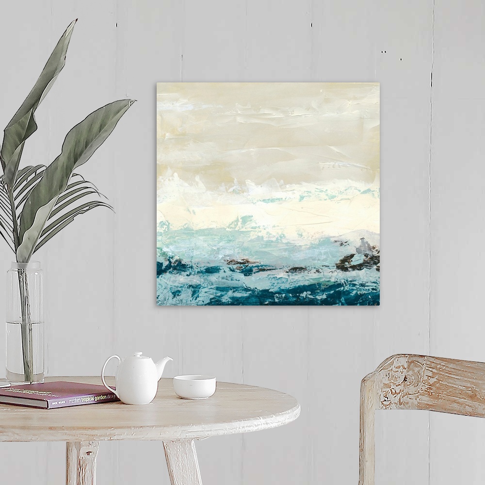 A farmhouse room featuring Square abstract painting of an ocean made up of large brush strokes.