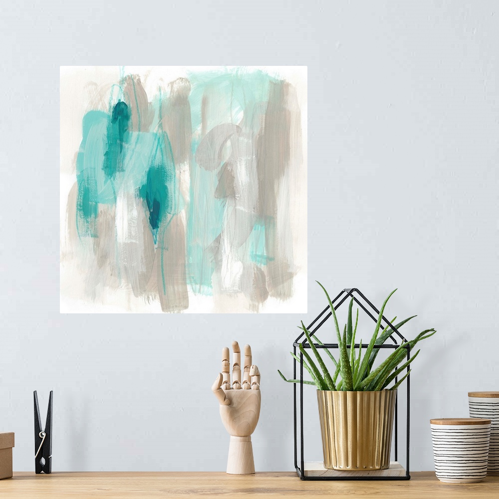 A bohemian room featuring Grey and aqua toned abstract artwork with broad brushstrokes.