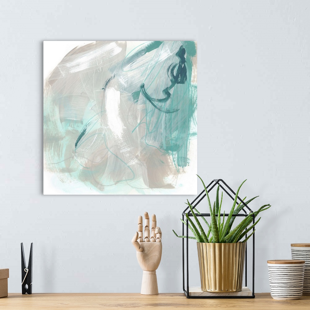 A bohemian room featuring Grey and aqua toned abstract artwork with broad brushstrokes.