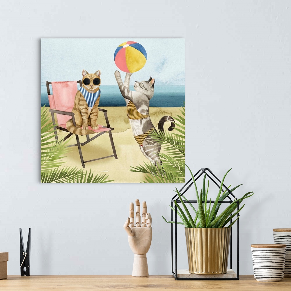 A bohemian room featuring Decorative square painting of cats wearing bathing suits on a beach.