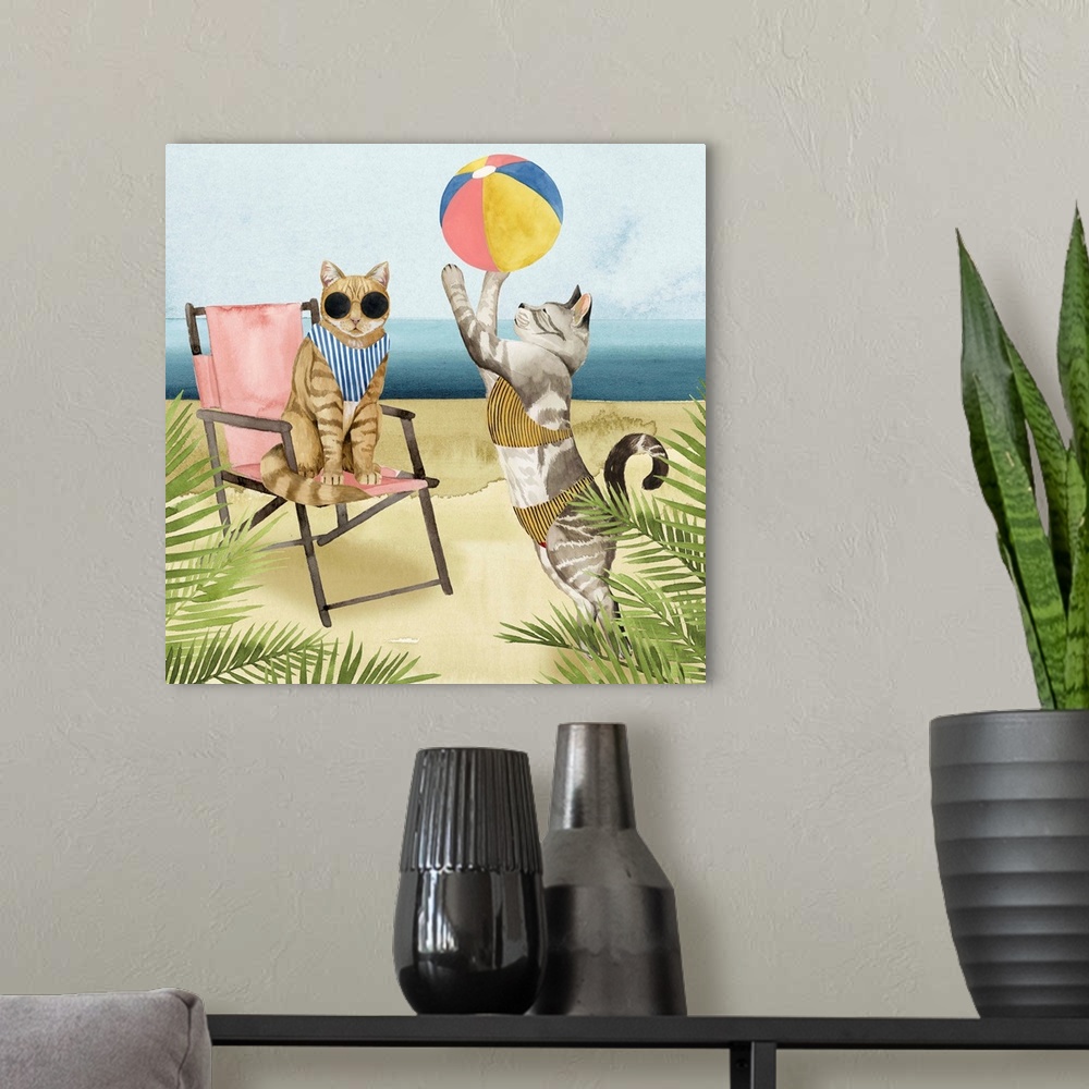 A modern room featuring Decorative square painting of cats wearing bathing suits on a beach.