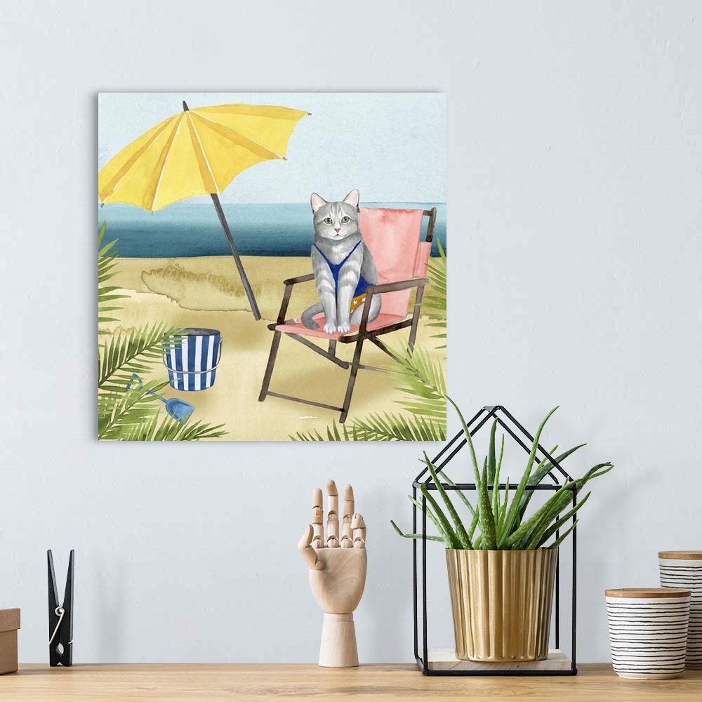 A bohemian room featuring Decorative square painting of a cat wearing a bathing suit sitting on the beach.