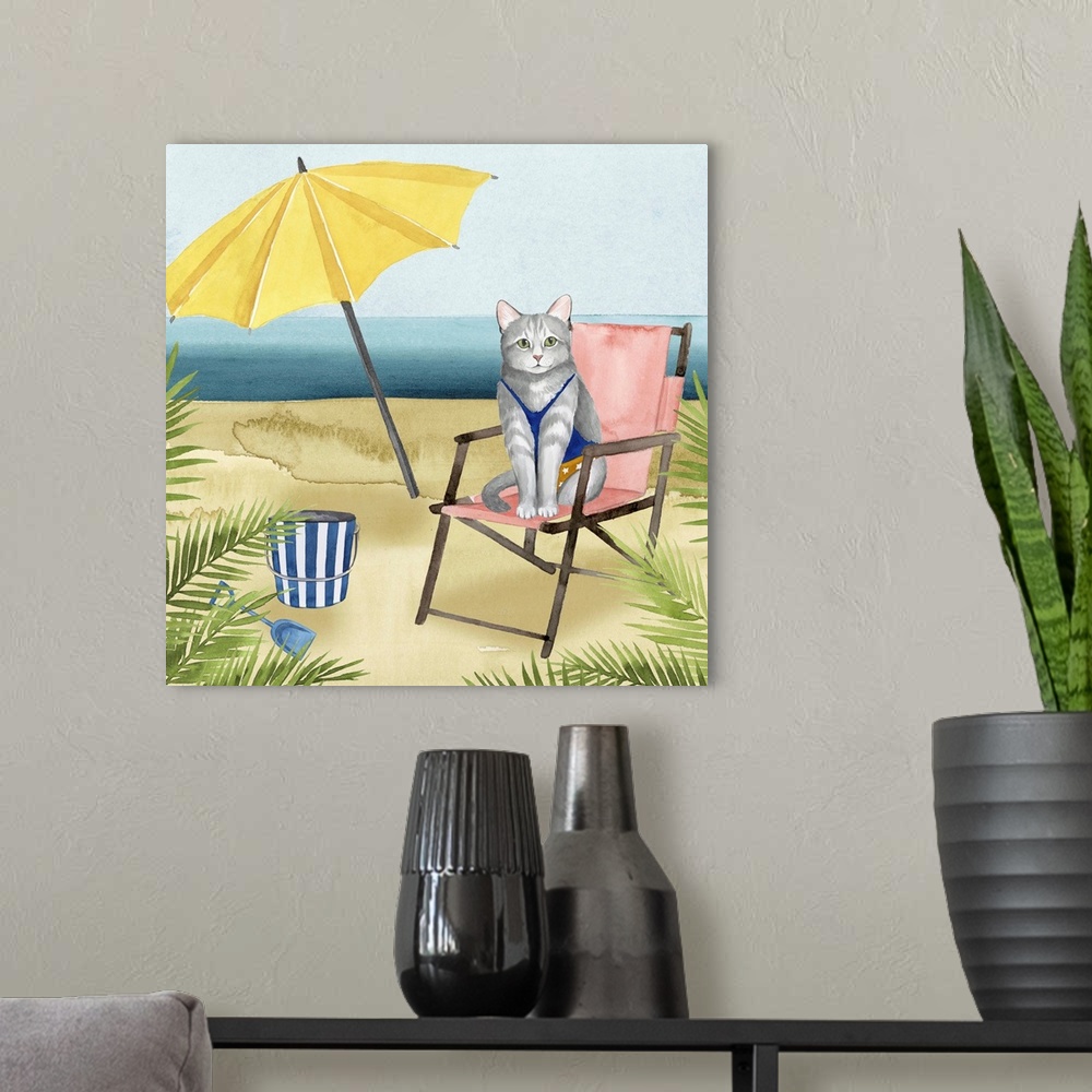 A modern room featuring Decorative square painting of a cat wearing a bathing suit sitting on the beach.