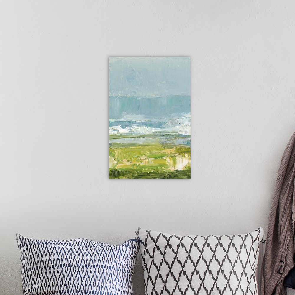 A bohemian room featuring Contemporary coastal seascape painting.