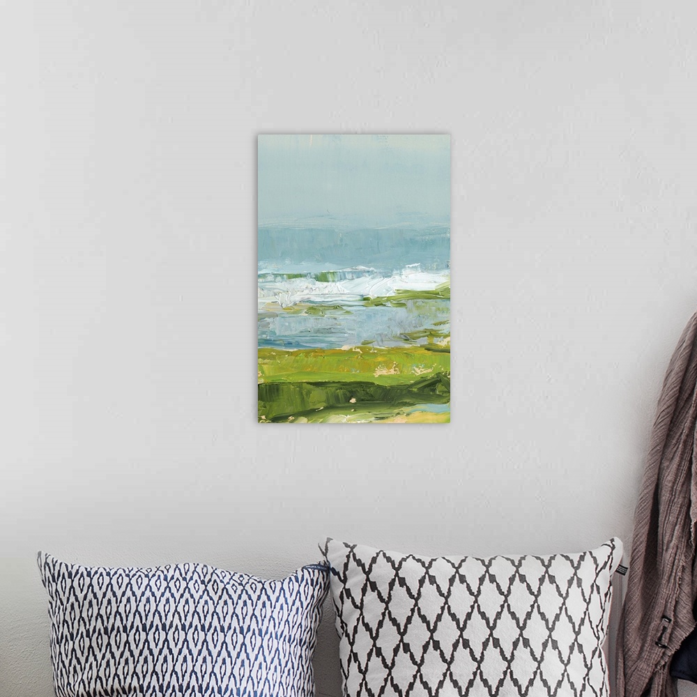 A bohemian room featuring Contemporary coastal seascape painting.
