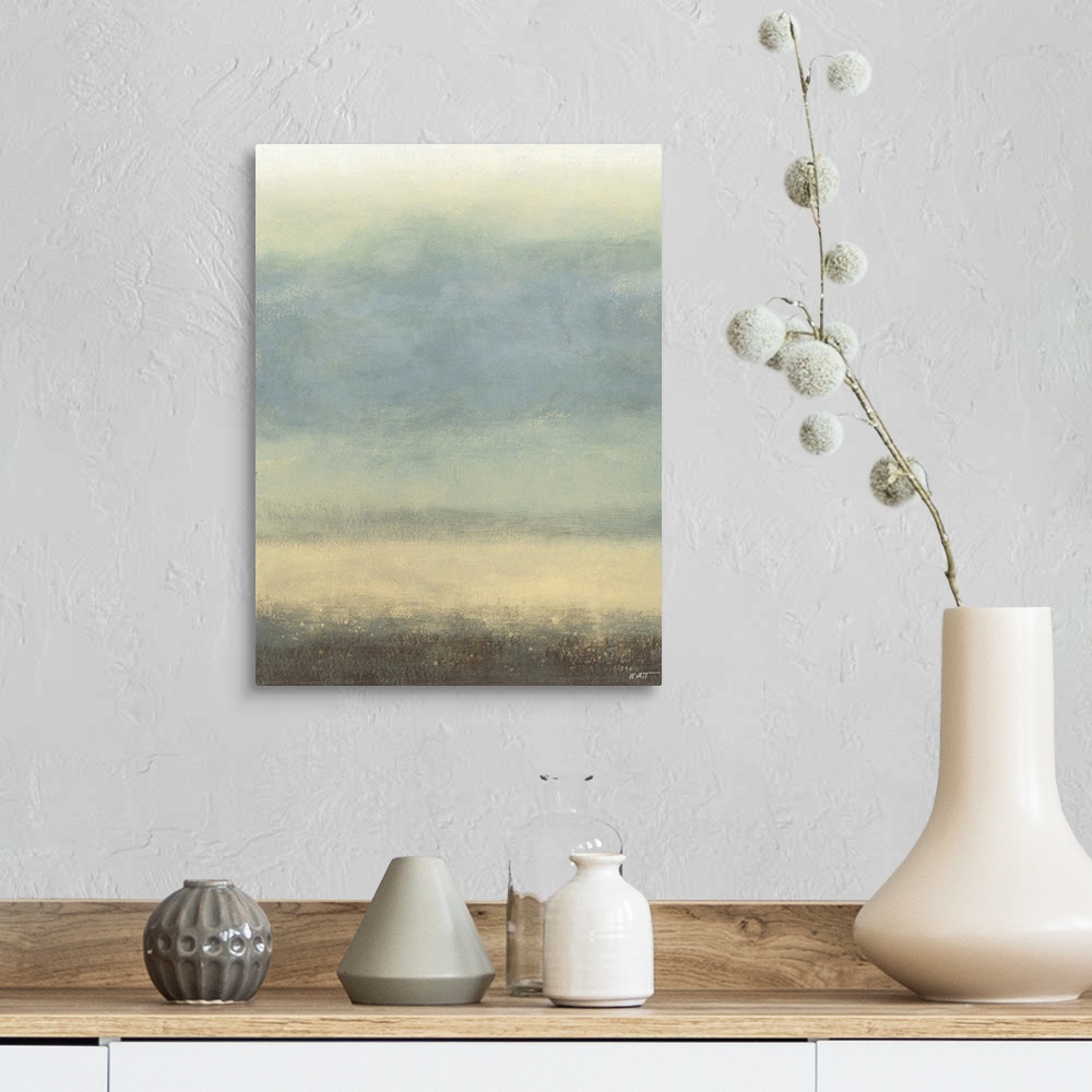 A farmhouse room featuring Contemporary abstract painting using pale blue and cream tones.