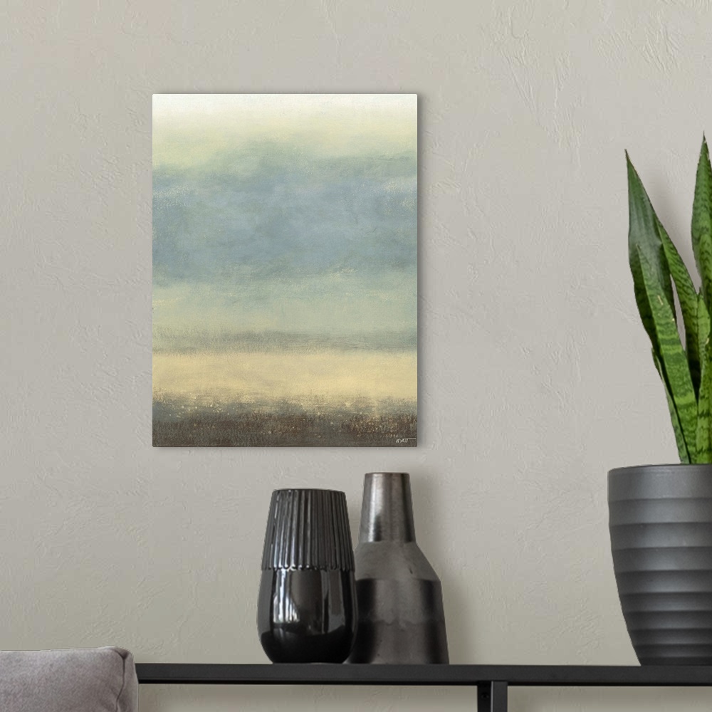 A modern room featuring Contemporary abstract painting using pale blue and cream tones.