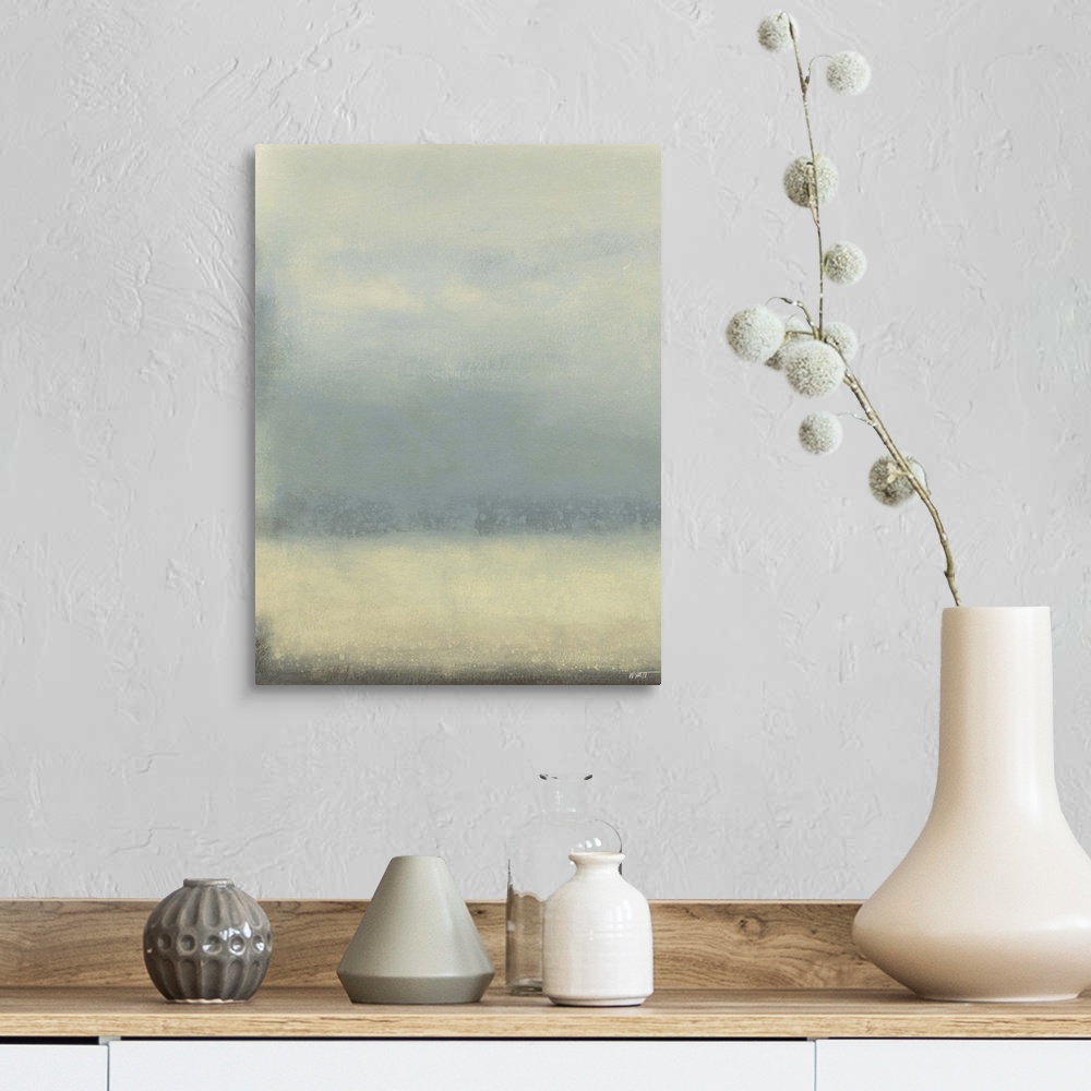 A farmhouse room featuring Contemporary abstract painting using pale blue and cream tones.