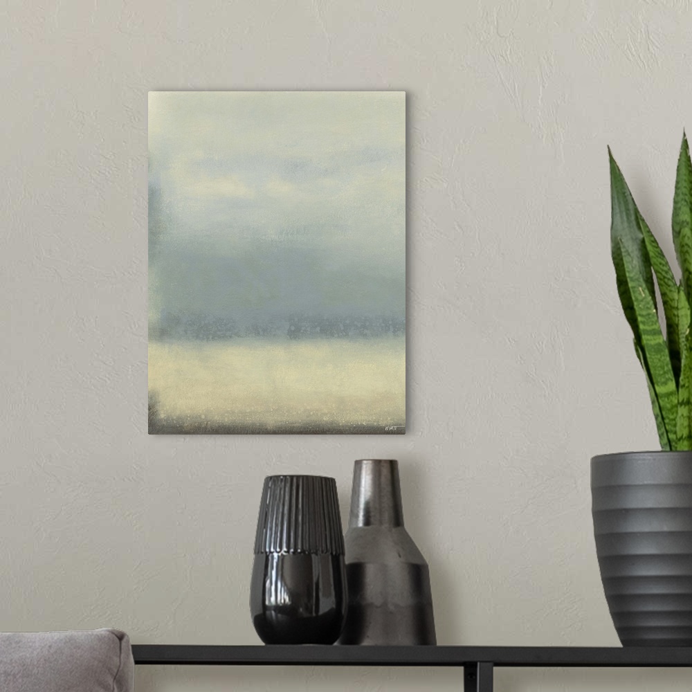 A modern room featuring Contemporary abstract painting using pale blue and cream tones.