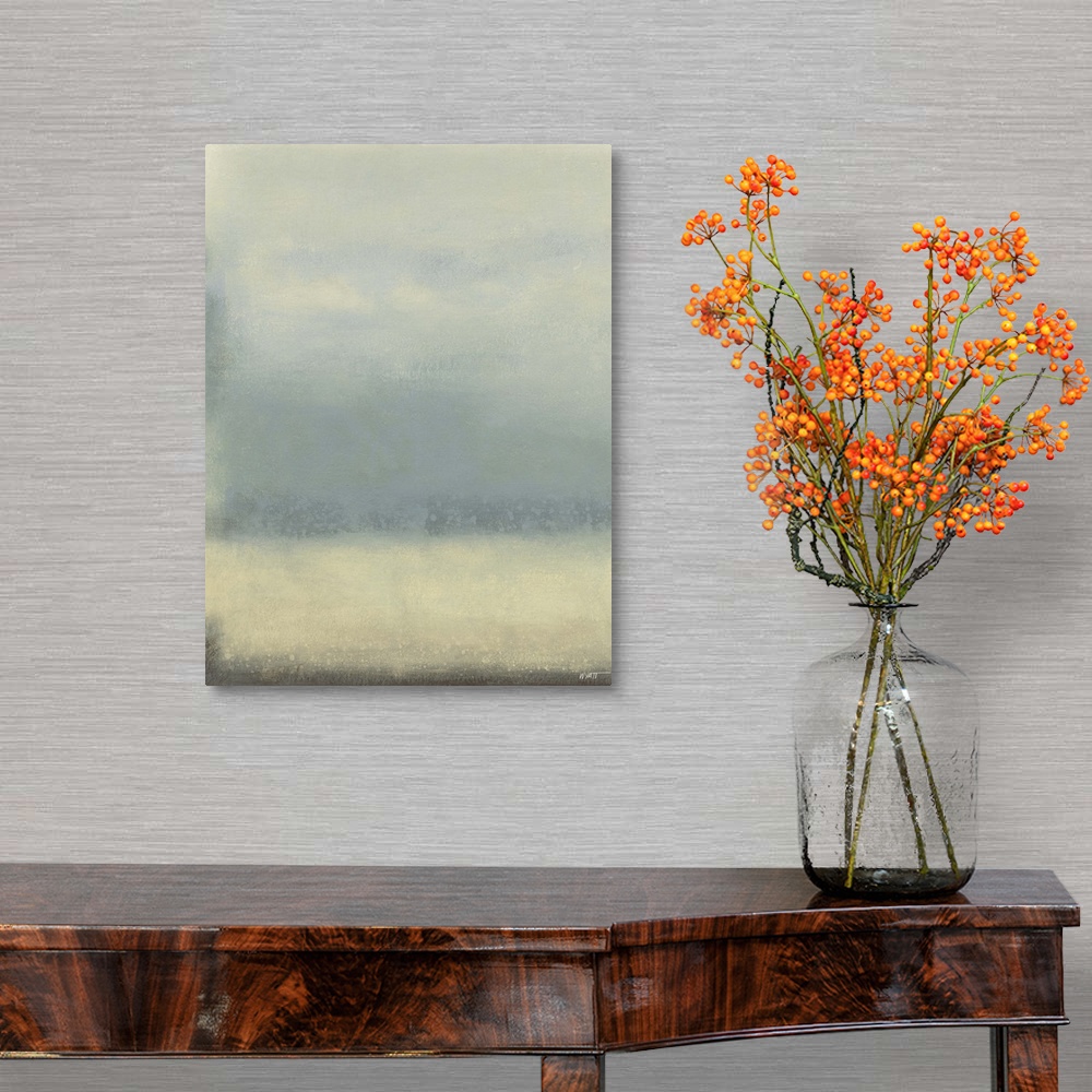 A traditional room featuring Contemporary abstract painting using pale blue and cream tones.