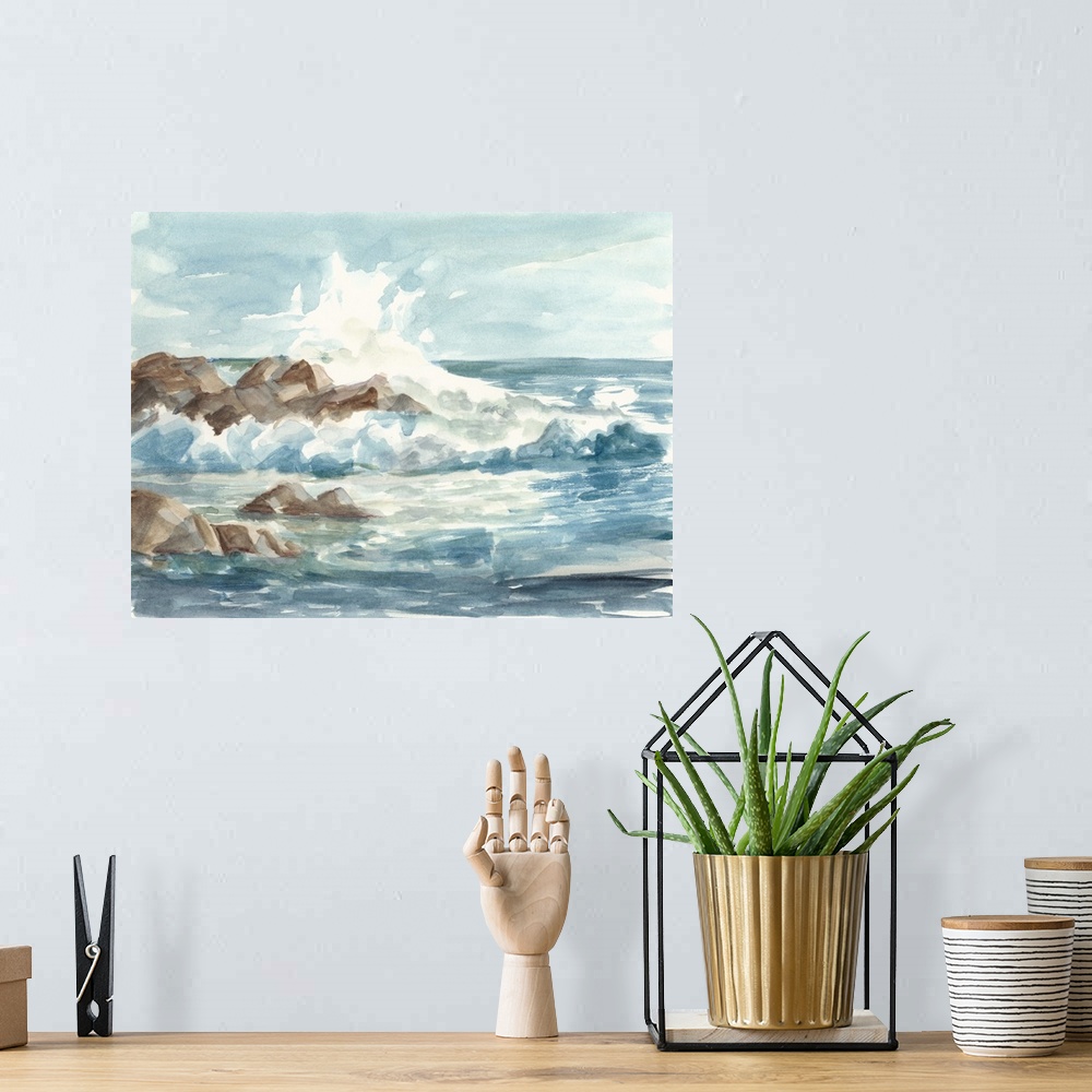 A bohemian room featuring Contemporary painting of waves crashing against a rocky shore.